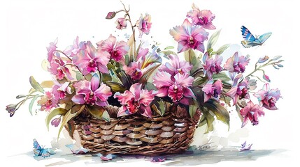 Bright pastel watercolor composition displaying a charming basket overflowing with fresh Cattleya orchids, accompanied by fluttering butterflies, artistically set against a pristine white background