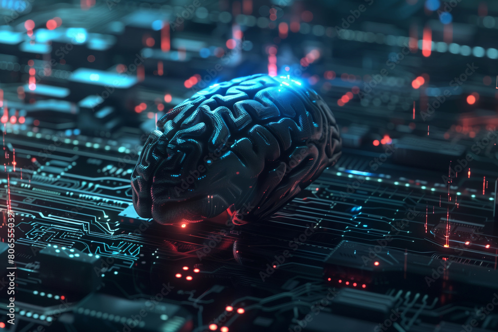 Aufkleber a red brain is on a black circuit board. concept of technology and artificial intelligence, as the b