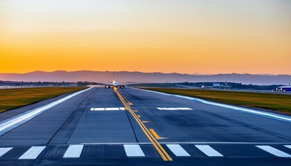 airplane landing at sunset, wallpaper A large jetliner taking off from an airport runway at sunset or dawn with the landing gear down and the landing gear down