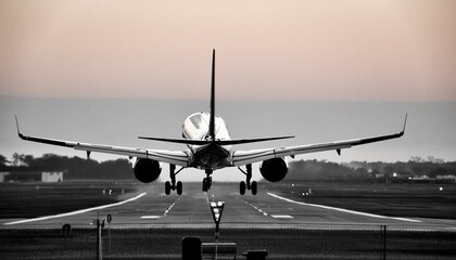 airplane landing at sunset, wallpaper A large jetliner taking off from an airport runway at sunset...
