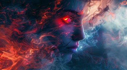 colorful smoke swirls around human head, glowing in the dark background