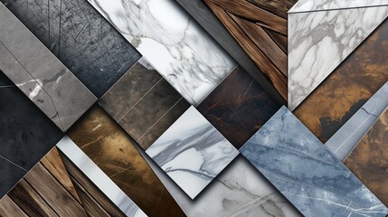 A pattern of geometric shapes, each filled with a different texture of marble, wood, and metal, arranged in a mosaic that blends the natural with the man-made in an elegant abstract background. 