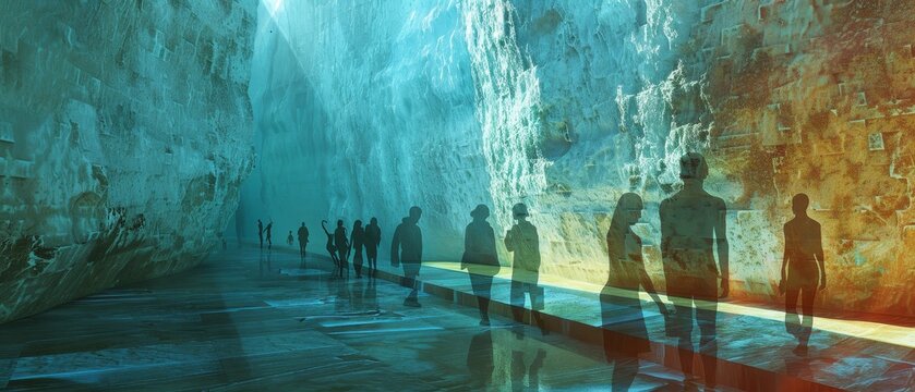 A digital collage illustrating the concept of Platos cave with shadowy figures interpreting reality from shadows on a wall