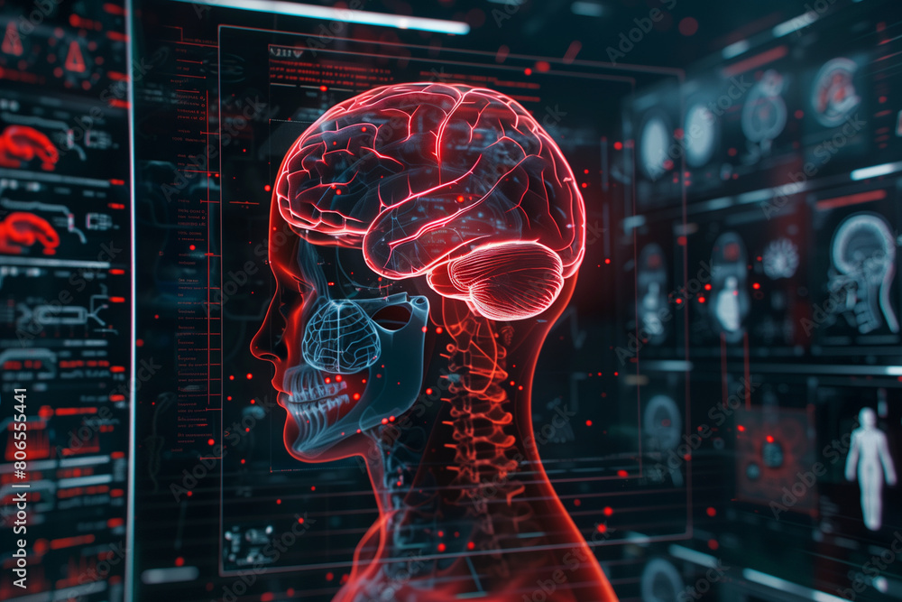 Poster a computer monitor displays a brain with a red and blue color scheme. the image is a representation 