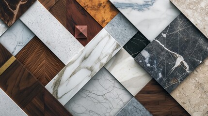 A pattern of geometric shapes, each filled with a different texture of marble, wood, and metal, arranged in a mosaic that blends the natural with the man-made in an elegant abstract background. 