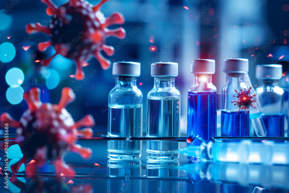 Poster a row of medicine bottles with a red virus on the front. the bottles are lined up on a shelf