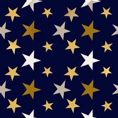 Seamless pattern of shimmering gold and silver stars sprinkled across a midnight blue background, Generative AI