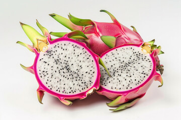 An exotic dragon fruit with a vibrant pink exterior and white flesh