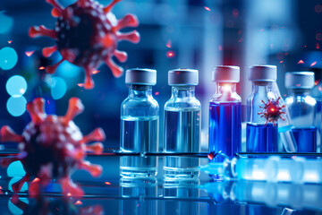 A row of medicine bottles with a red virus on the front. The bottles are lined up on a shelf