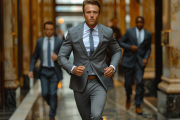 A man in a suit and tie runs down a hallway