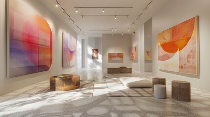 A contemporary conceptual art installation featuring abstract geometric shapes in a modern gallery space