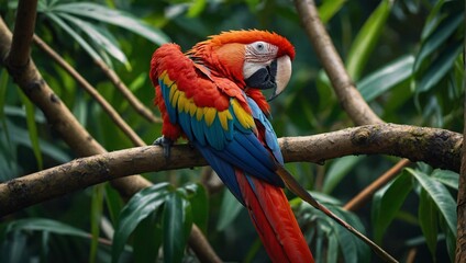 wallpaper background for desktop a Scarlet Macaw landed on a leafy tree branch