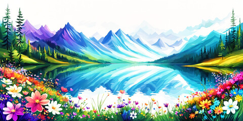 Fototapeta premium A beautiful colorful landscape featuring a large lake surrounded by mountains. The mountains in the background provide a stunning backdrop. The scene is vibrant and visually appealing.