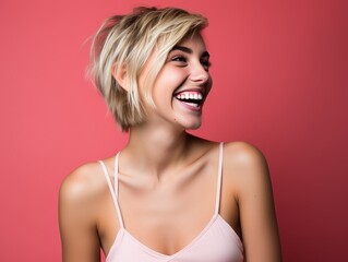 A woman with blonde hair and a pink tank top is smiling