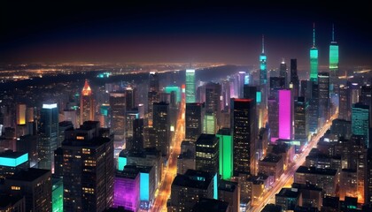 Fototapeta na wymiar Illuminated Nighttime Cityscape With Colorful Cit