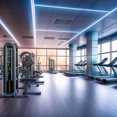 Fototapeta na wymiar A stunning 3D render of a futuristic gym, filled with state-of-the-art equipment and sleek design elements
