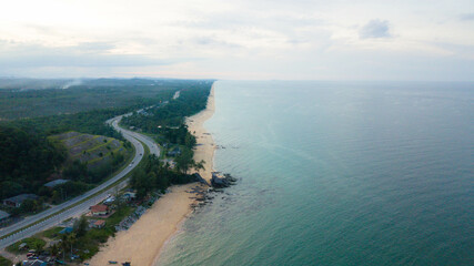 Aerial drone view of beach scenery at Pantai Batu Pelanduk, Dungun, Terengganu, Malaysia