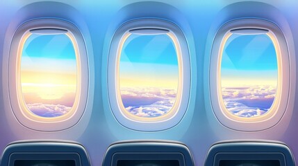 Three airplane windows with a beautiful blue sky and clouds. The sky is a mix of blue and orange, giving the impression of a sunset. The clouds are scattered throughout the sky