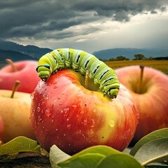 A captivating photograph of a vibrant green caterpillar munching on a red apple, surrounded by a handful of other eaten apples