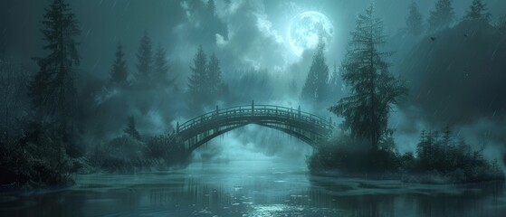 A bridge appearing only under moonlight made of shimmering light and leading those who dare to cross to enchanted lands