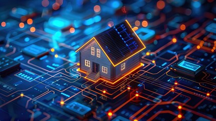 Obraz premium Illuminated digital house on a complex circuit board symbolizing smart home technology