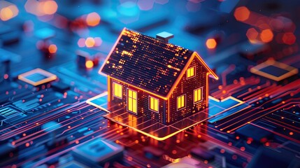 Obraz premium Illuminated digital house on a complex circuit board symbolizing smart home technology
