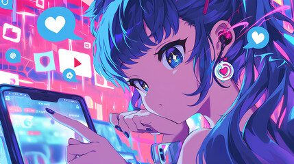 anime girl playing social media. like and love icons floating. anime style background