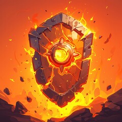 Artistic depiction of an enchanted shield with heatresistant properties, glowing amidst a volcanic eruption in vector style