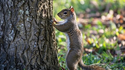 A squirrel scurries up a nearby tree drawing the mans attention and reminding him to fully appreciate the present moment.
