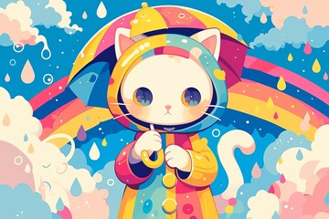 Cartoon cat character wearing a colorful striped raincoat, carrying a tiny umbrella, cheerful rainbow and clouds in the background