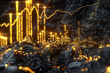 Gold mine with visible gold veins, price charts on rugged walls, 4K realistic