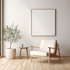 Light and airy minimalist interior with a frame mockup on a soft beige wall, near a pale wooden chair.