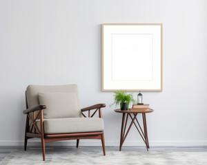 Frame mockup on a white wall in a bright room, accented by minimalist furniture and a clear aesthetic,
