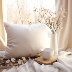 Warm, inviting morning bedroom scene with a white pillow cover mockup, perfect for display in home decor settings.