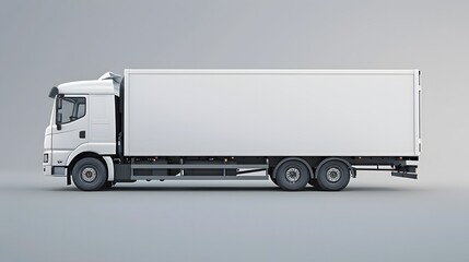 A white truck with a blank side box for a mockup design isolated on a light grey background