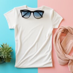 Trendy t-shirt mockup with blank space, accessorized with stylish summer sunglasses and a lightweight scarf on a pastel background.