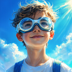A young boy wearing blue goggles and a white shirt, with a bright blue sky as the background.