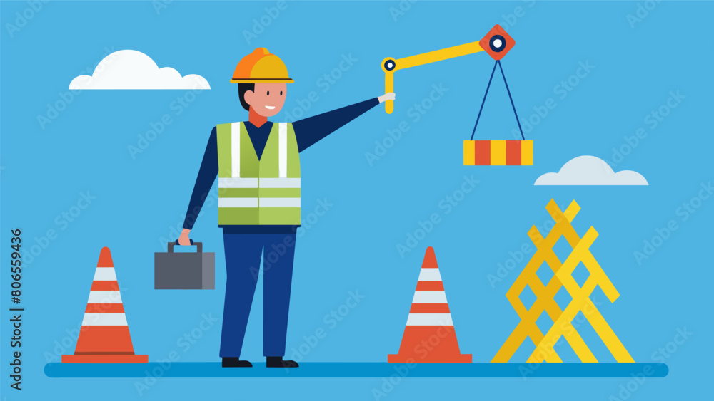 Poster a worker using hand signals and a set of cones to direct the crane operator and ensure the load is b