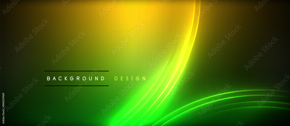 Poster a stunning green and yellow glowing wave, resembling an astronomical object, on a black background. 