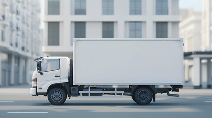 A white truck with a blank side box for a mockup design isolated on a light grey background