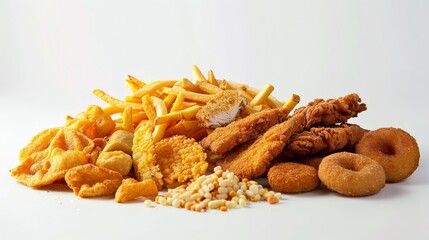A sumptuous display of junk food, including golden fries and crispy chicken nuggets, presented on a white backdrop
