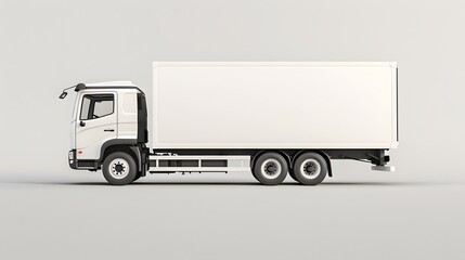 A white truck with a blank side box for a mockup design isolated on a light grey background