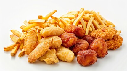 A sumptuous display of junk food, including golden fries and crispy chicken nuggets, presented on a white backdrop