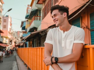 A man in a white shirt is smiling and standing on a street corner