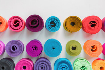 A selection of colorful yoga mats rolled up and arranged side by side