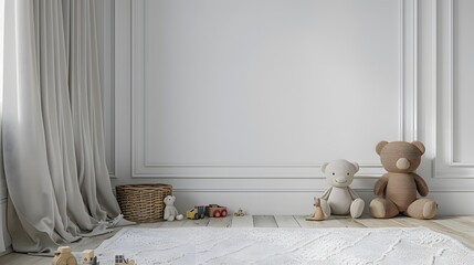 A white wall in a children's room with toys on the floor, carpet and curtains on one side, in the style of a mockup