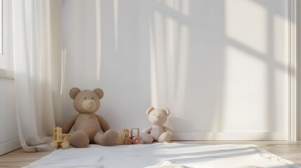 A white wall in a children's room with toys on the floor, carpet and curtains on one side, in the style of a mockup