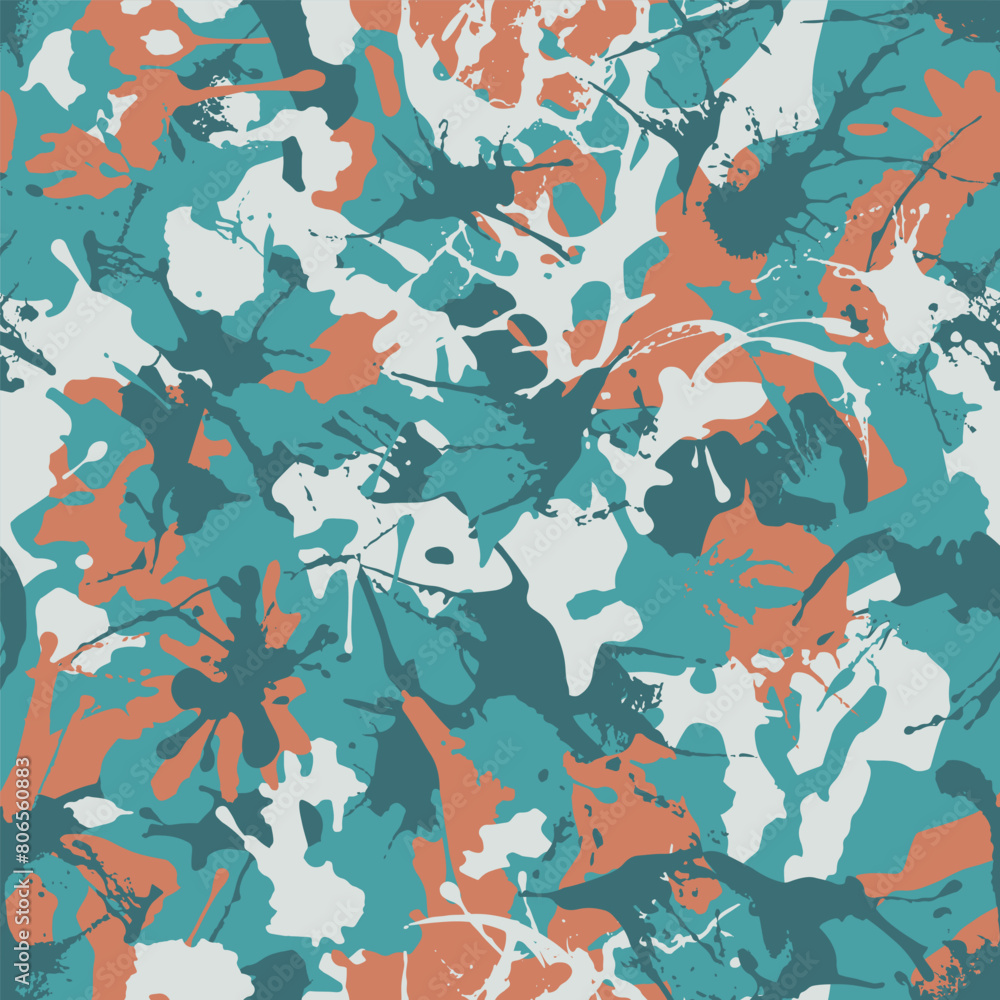 Wall mural Abstract urban smear camouflage pattern with paint strokes and splashes elements for textile.  Camo military seamless texture. Blue and orange grunge background. Vector  - Wall murals