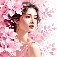 A woman with long hair, wearing makeup and surrounded by pink flowers. She has a soft expression.