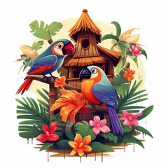 Two colorful parrots are perched on a wooden birdhouse in a lush tropical garden